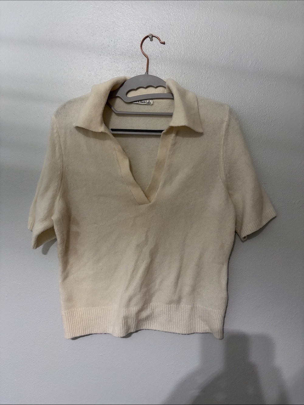 Abercrombie & Fitch Cream Short-Sleeve Collared Knit Top